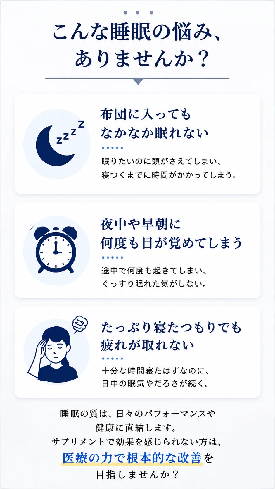 こんな睡眠の悩みありませんか？布団に入ってもなかなか眠れない・夜中や早朝に何度も目が覚めてしまう・たっぷり寝たつもりでも疲れが取れない