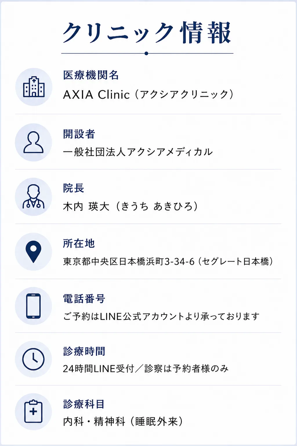 クリニック情報：AXIA Clinic（アクシアクリニック）、開設者 一般社団法人アクシアメディカル、院長 木内瑛大、所在地 東京都中央区日本橋浜町3-34-6、24時間LINE受付、内科・精神科（睡眠外来）